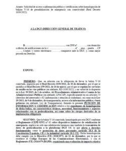 Solicitud a la DGT (por incompetencia declarada del MINISTERIO DE INDUSTRIA) de acceso a información pública y certificación sobre homologación de balizas V-16 de preseñalización de emergencia con conectividad (Real Decreto 1030/2022)