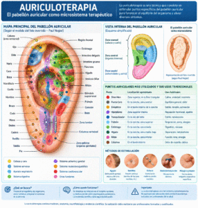 AURICULOTERAPIA: estimular determinados puntos del pabellón auricular con la finalidad de producir efectos sobre síntomas, funciones o determinadas respuestas del organismo AURICULOTERAPIA, Modelo del feto invertido de NOGIER. AURICULOTERAPIA: estimular determinados puntos del pabellón auricular con la finalidad de producir efectos sobre síntomas, funciones o determinadas respuestas del organismo